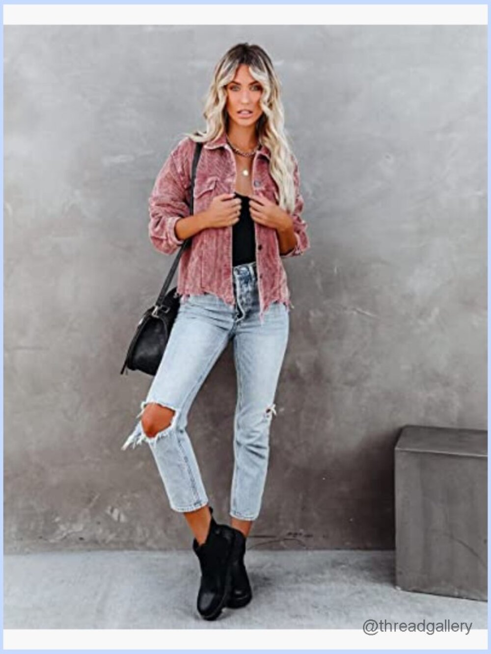 Cropped Corduroy Jacket Casual Button Down Shacket Frayed Hem - Picture 5 of 7